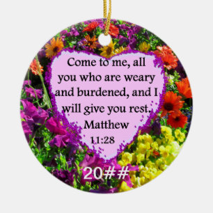 PRETTY MATTHEW 11:28 PURPLE FLORAL DESIGN CERAMIC ORNAMENT