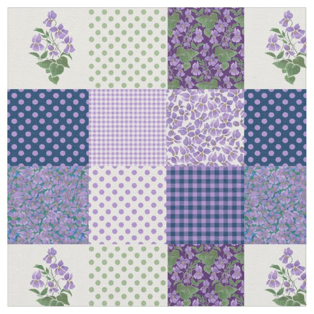 Pretty Mauve Faux Patchwork Sweet Violets Fabric (Close Up)