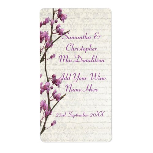 Pretty mauve floral blossom wedding wine bottle label
