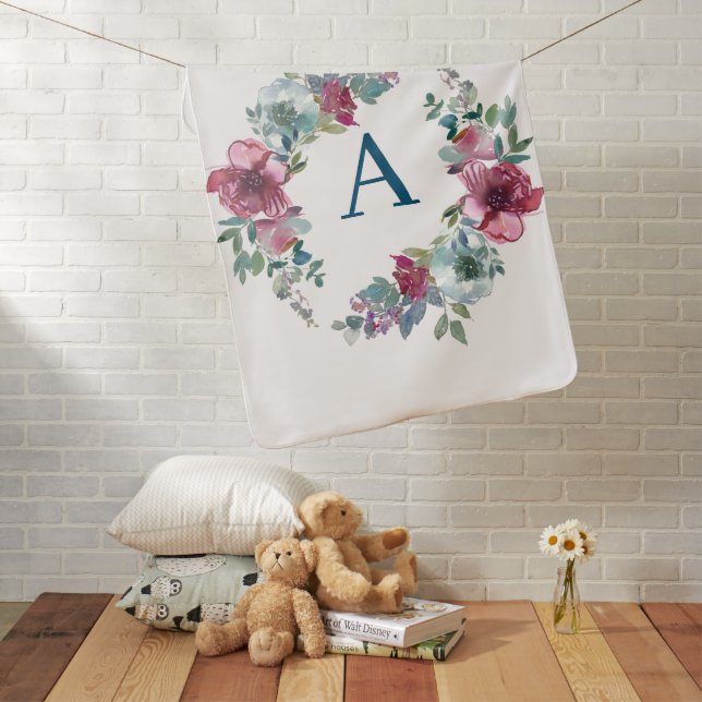 Pretty Mauve & Teal Floral Monnogrammed Baby Blanket (In Situ)