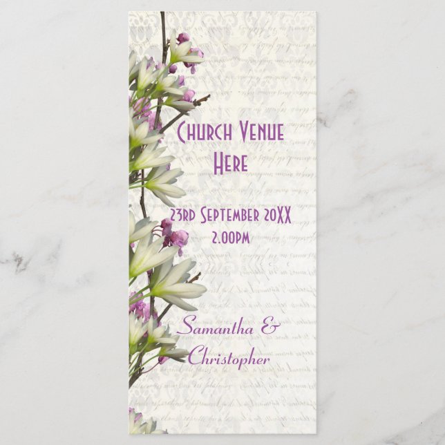 Pretty mauve white floral church wedding program (Front)