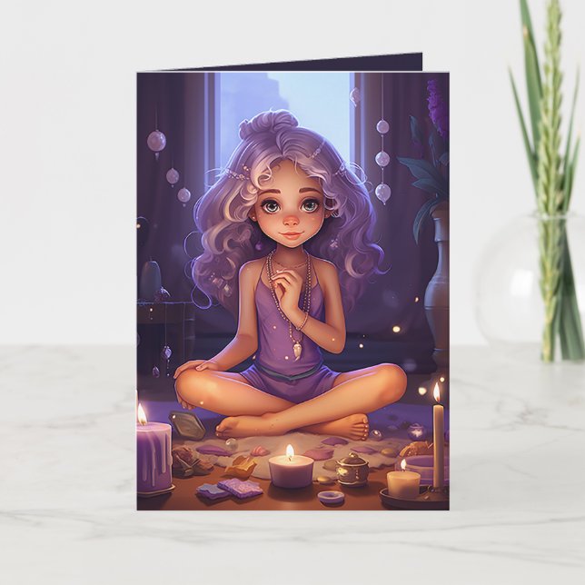 Pretty Meditating Yoga Girl Purple Gold Birthday Card (Front)