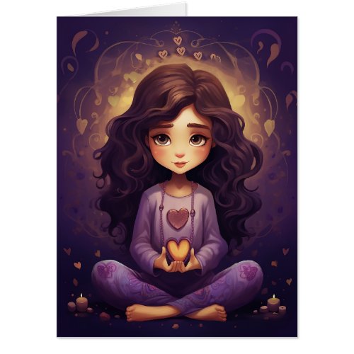 Pretty Meditating Yoga Girl Purple Hearts Birthday Card