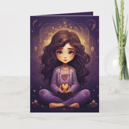 Pretty Meditating Yoga Girl Purple Hearts Birthday Card