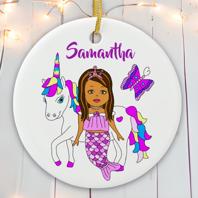 Pretty Mermaid and Unicorn Personalized Christmas Ceramic Ornament (Creator Uploaded)