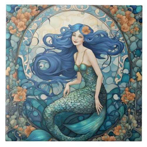 Pretty Mermaid Art Nouveau Art Deco Blue Ceramic Tile