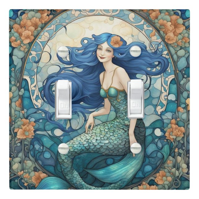 Pretty Mermaid Art Nouveau Art Deco Blue Light Switch Cover (In Situ)