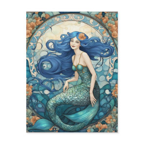 Pretty Mermaid Art Nouveau Art Deco Blue Postcard