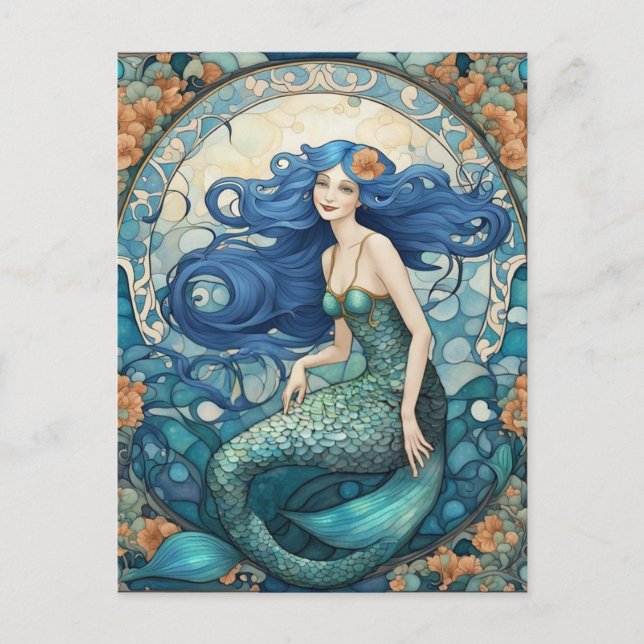 Pretty Mermaid Art Nouveau Art Deco Blue Postcard (Front)