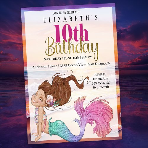Pretty Mermaid Beach Sunset 10th Birthday  Invitation