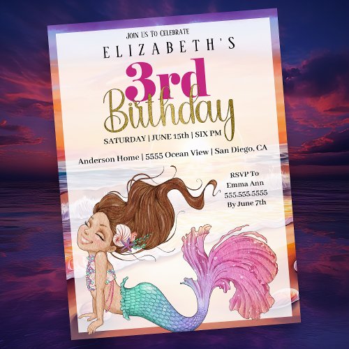 Pretty Mermaid Beach Sunset 3rd Birthday  Invitation