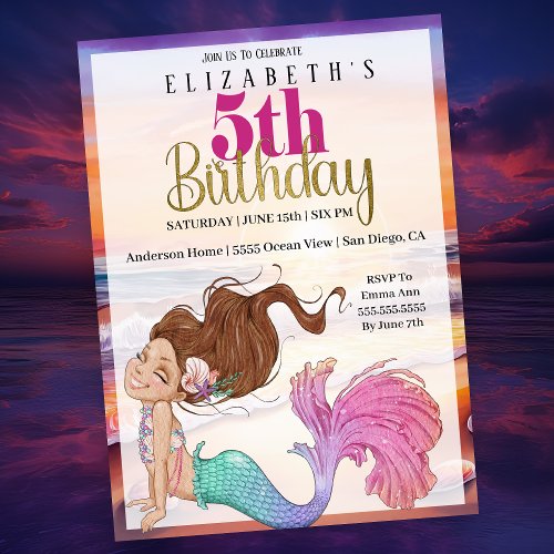 Pretty Mermaid Beach Sunset 5th Birthday  Invitation