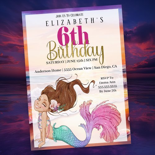 Pretty Mermaid Beach Sunset 6th Birthday  Invitation