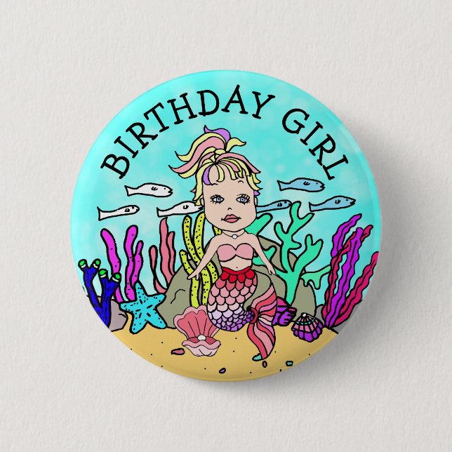 Pretty Mermaid Birthday Girl Button (Front)
