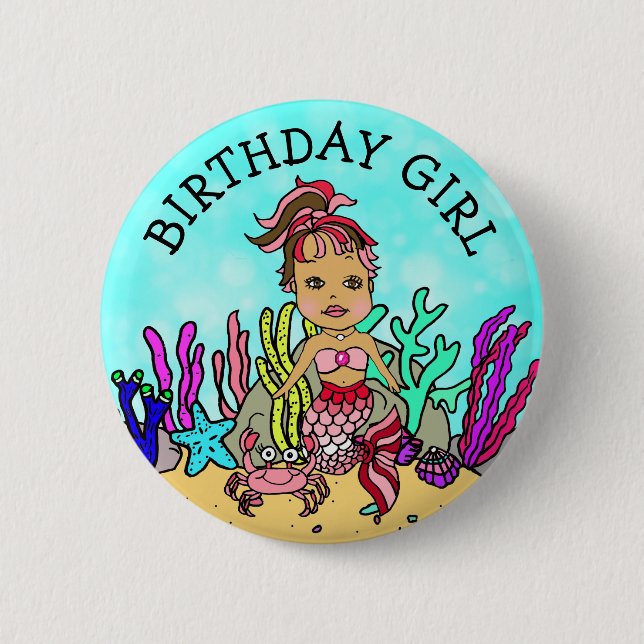 Pretty Mermaid Birthday Girl Button (Front)