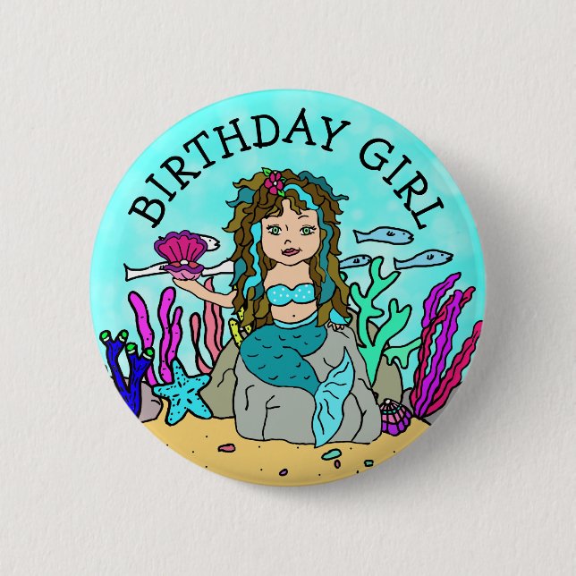 Pretty Mermaid Birthday Girl Button (Front)