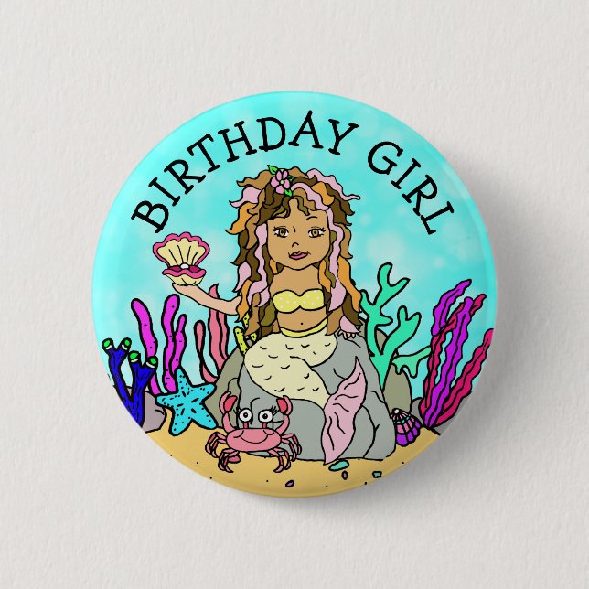 Pretty Mermaid Birthday Girl Button (Front)