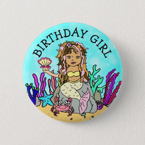 Pretty Mermaid Birthday Girl Button