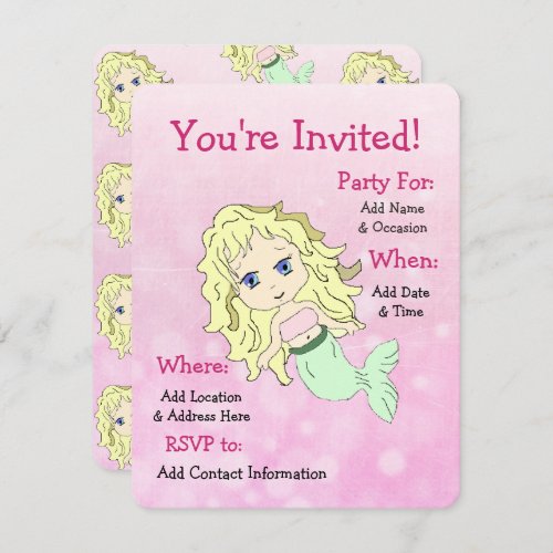 Pretty Mermaid Birthday Party Invitations