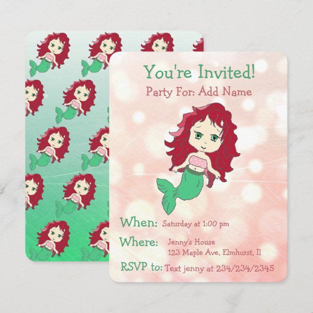 Pretty Mermaid Birthday Party Invitations (Front/Back)