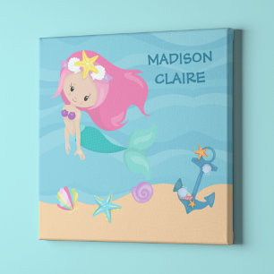 Pretty Mermaid Custom Beach House Girls Bedroom Faux Canvas Print