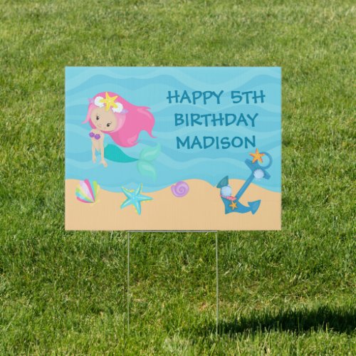 Pretty Mermaid Custom Kids Birthday Party Yard Sign