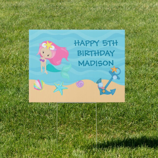 Pretty Mermaid Custom Kids Birthday Party Yard Sign (Insitu)