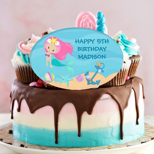Pretty Mermaid Custom Kids Pool Birthday Party Cake Topper