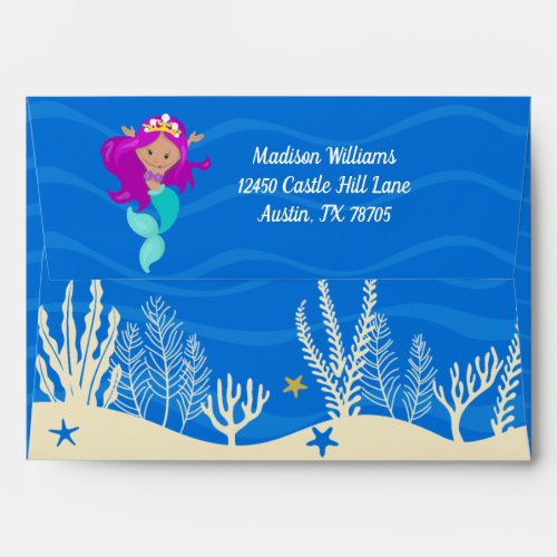 Pretty Mermaid Girl Blue Ocean Coral Custom Kids Envelope