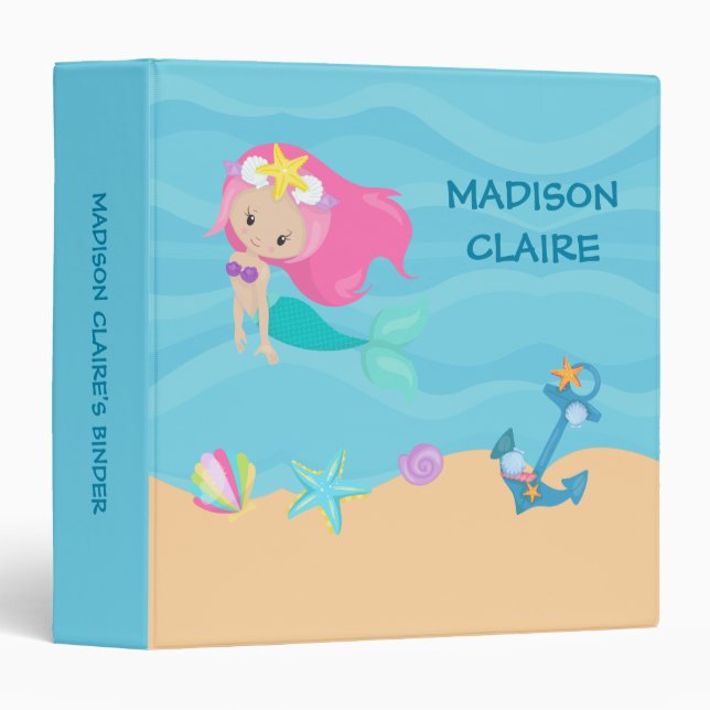 Pretty Mermaid Girl Custom Kids Beach Photo Album 3 Ring Binder (Front/Spine)
