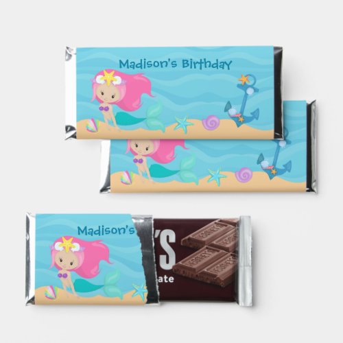 Pretty Mermaid Girl Custom Kids Birthday Party Hershey Bar Favors