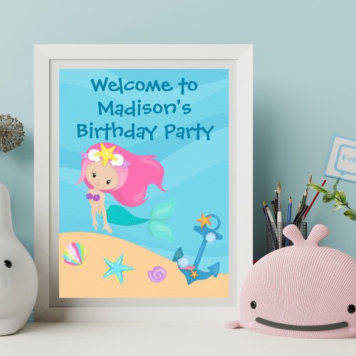 Pretty Mermaid Girl Custom Kids Birthday Party Poster