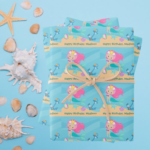 Pretty Mermaid Girl Personalized Beach Birthday Wrapping Paper Sheets