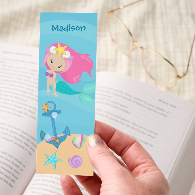 Pretty Mermaid Girl Personalized Kids Beach Bookmarks (Hand)