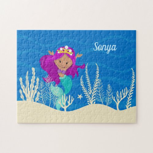 Pretty Mermaid Girl Personalized Kids Blue Ocean Jigsaw Puzzle