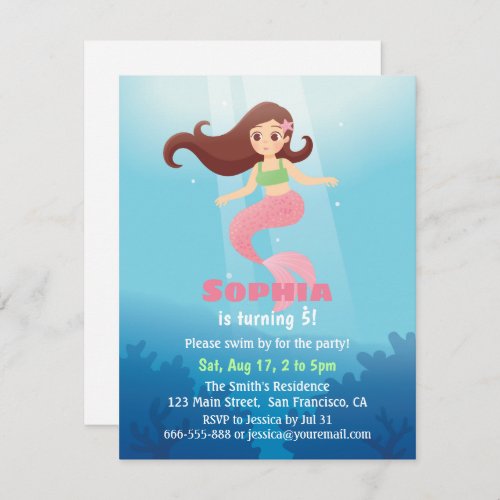 Pretty Mermaid Girl Under the Sea Birthday Party Invitation