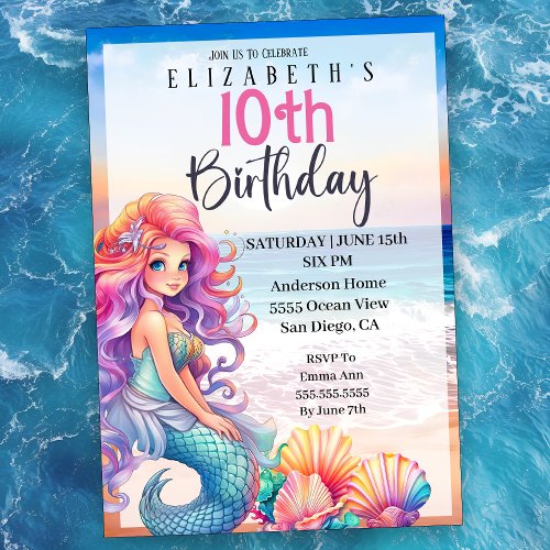Pretty Mermaid Girls 10th Birthday Invitation