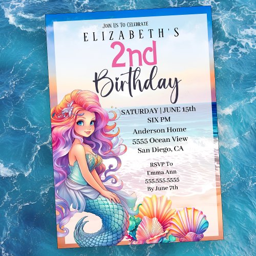 Pretty Mermaid Girls 2nd Birthday Invitation