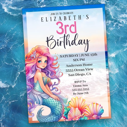 Pretty Mermaid Girls 3rd Birthday Invitation