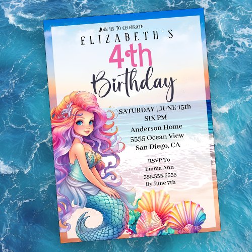 Pretty Mermaid Girls 4th Birthday Invitation