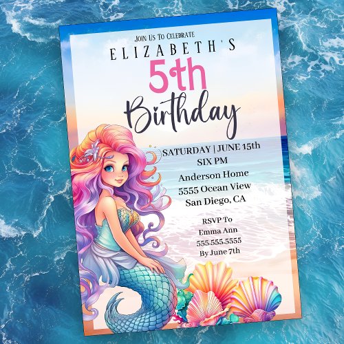 Pretty Mermaid Girls 5th Birthday Invitation