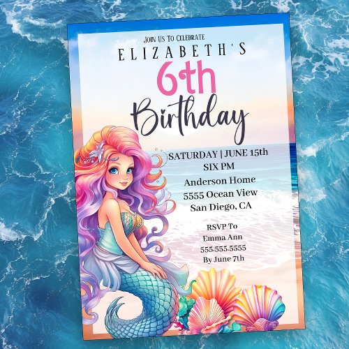 Pretty Mermaid Girls 6th Birthday Invitation