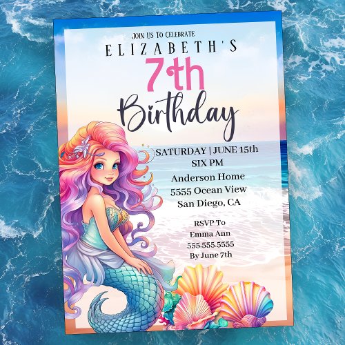 Pretty Mermaid Girls 7th Birthday Invitation