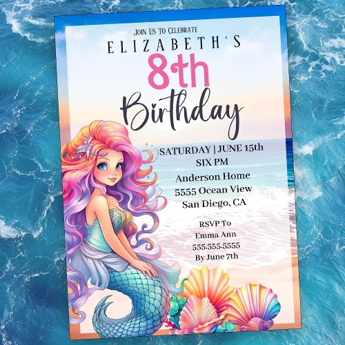 Pretty Mermaid Girls 8th Birthday Invitation
