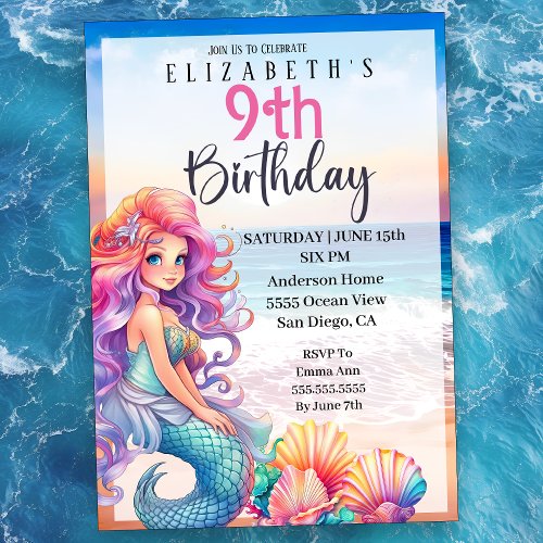 Pretty Mermaid Girls 9th Birthday Invitation