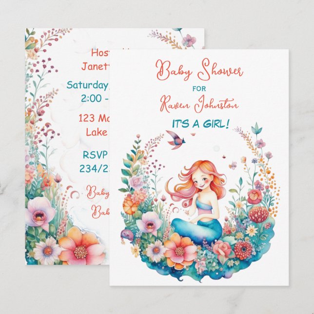 Pretty Mermaid Girl's Baby Shower Invitations (Front/Back)