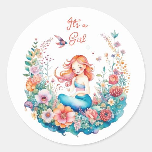 Pretty Mermaid Girls Baby Shower Its a Girl Classic Round Sticker