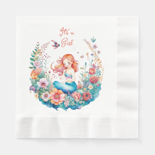 Pretty Mermaid Girl's Baby Shower It's a Girl Napkins (Front)