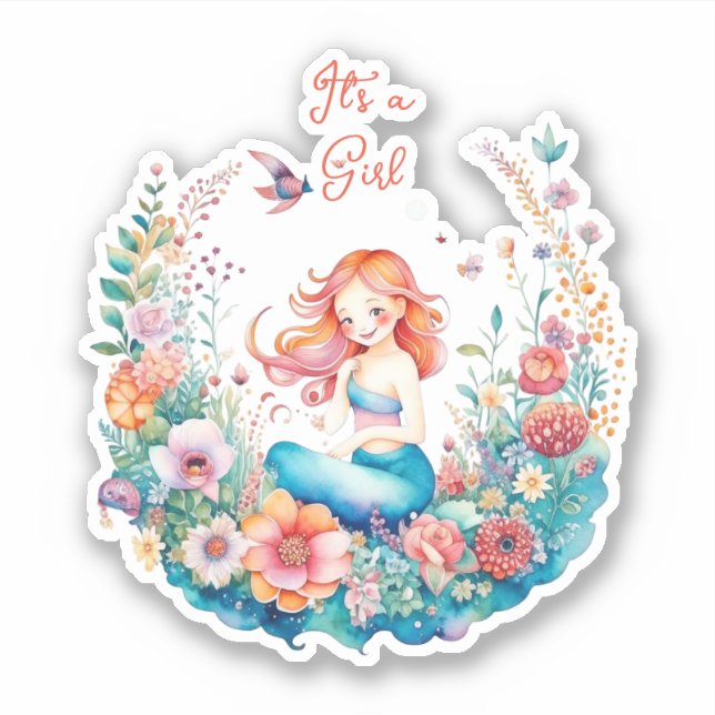 Pretty Mermaid Girl's Baby Shower It's a Girl Sticker (Front)