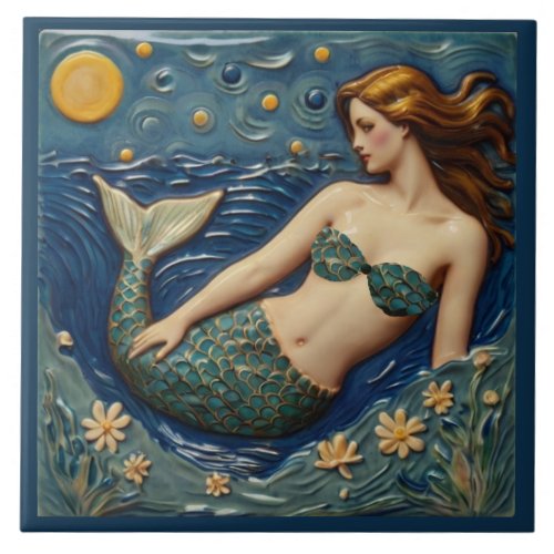 Pretty Mermaid in the Sea Ocean Fairytale Ceramic Tile